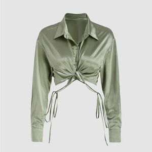 Satin Green Tie-Front Blouse